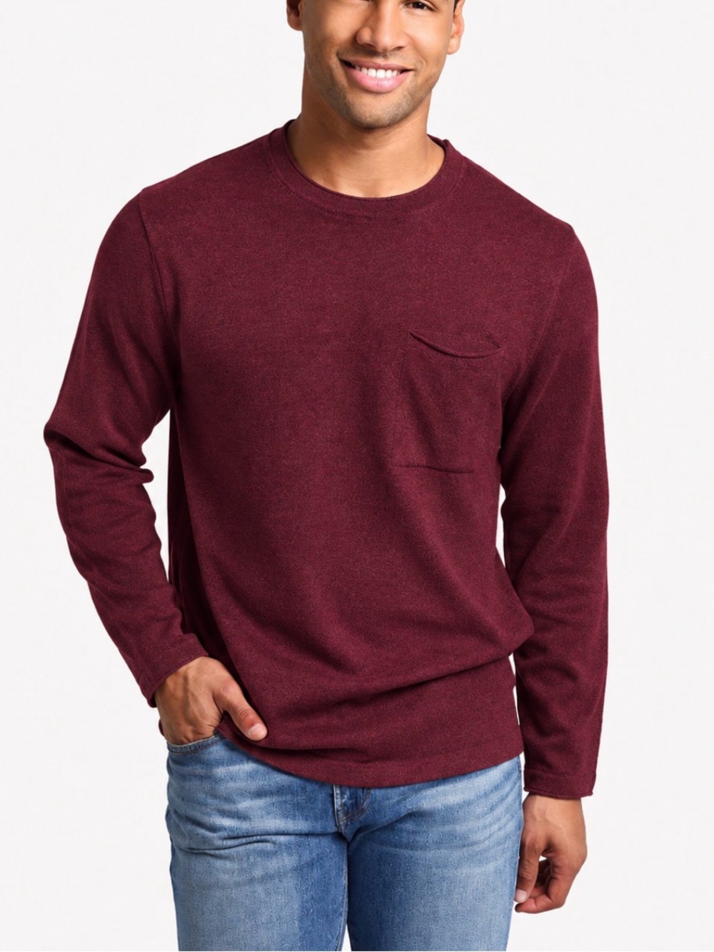 The Normal Brand Men`s Roll Hem Pocket Crew Sweater Large Burgundy
